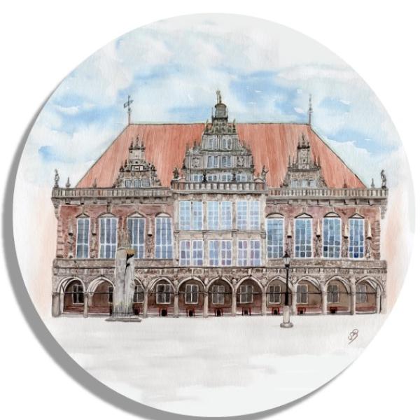 Untersetzer Glasuntersetzer rund 9,5 cm Aquarell Maritim Kunst Druck Kunstdruck Bremen Bremer Rathaus Nordsee Souvenir Souvenirs